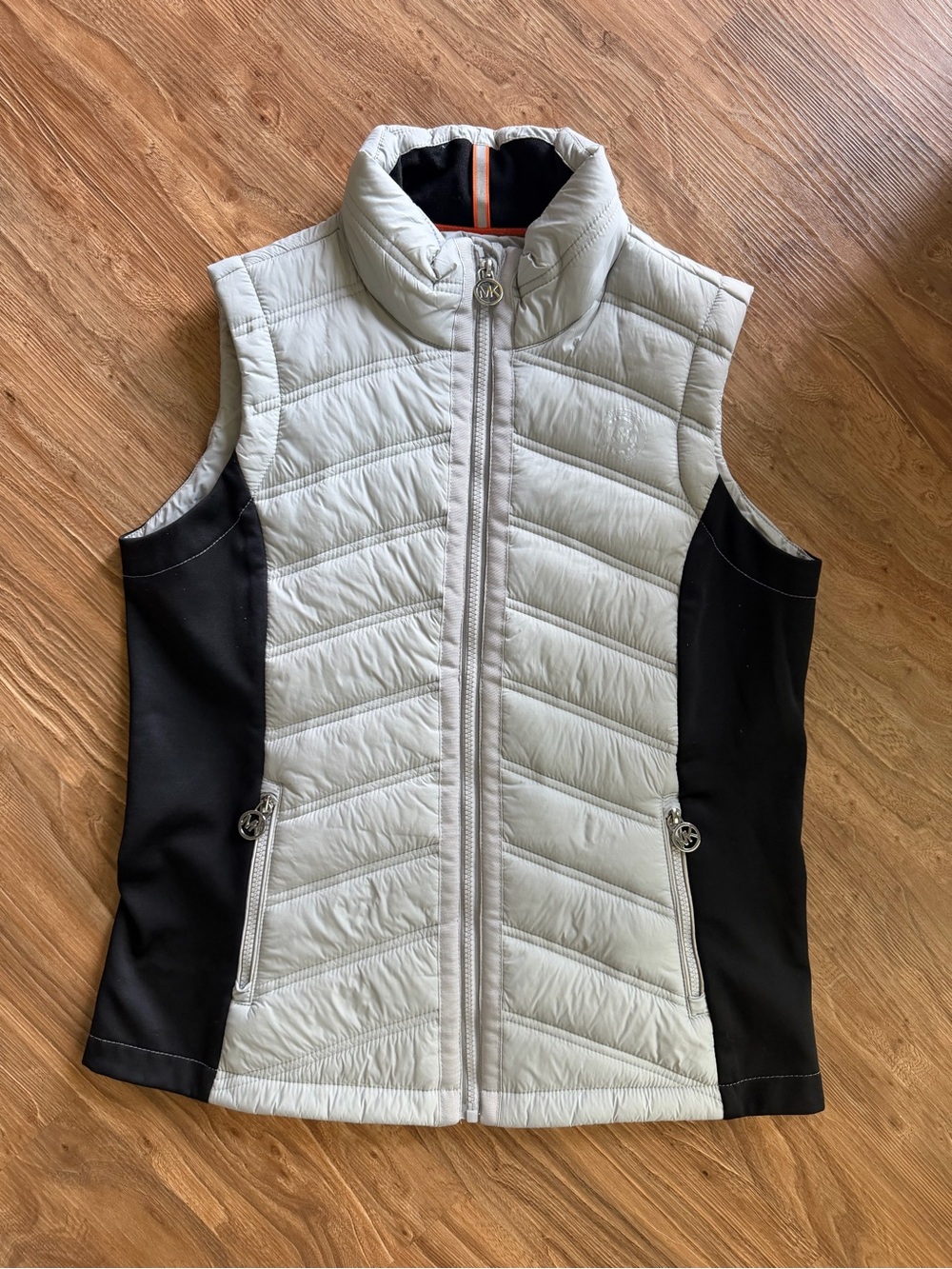 Michael Kors Light Gray Quilted Vest with Black Side Panels and High Collar